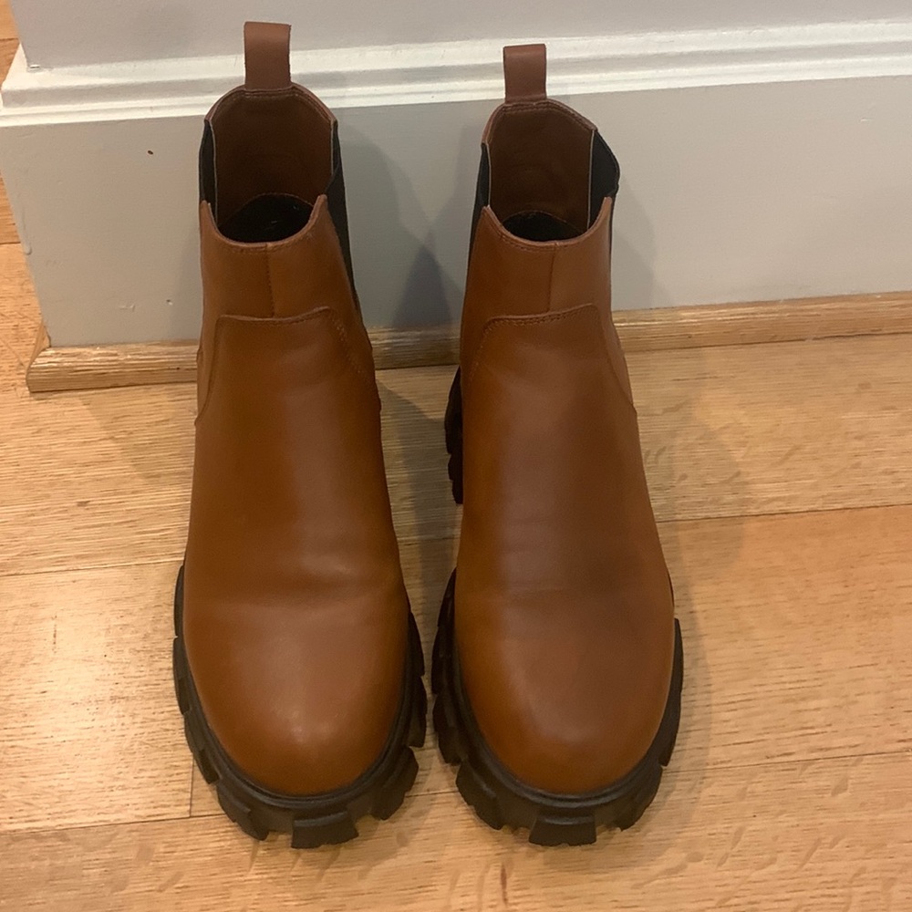 Villa Rouge size 9 cognac leather boots with thick, black, rubber soles.